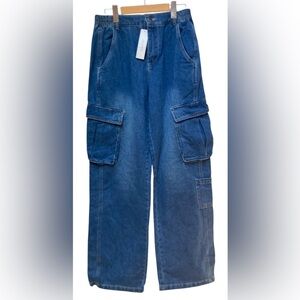 TIMING NWT‎ Women's Cargo Jeans Size Medium Trendy Loose Fit Utility Blue